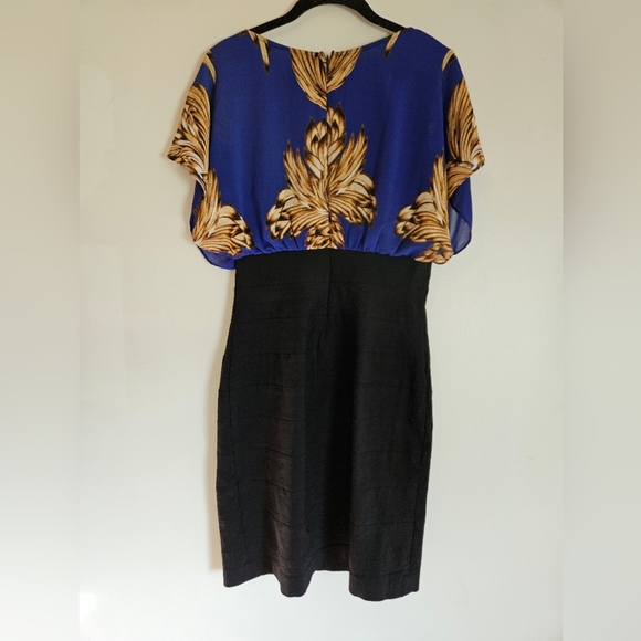 Nicole Miller size 10 black bodycon, scarfprint blue/ gold top dress. - Picture 2 of 9